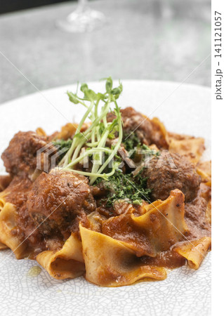 Polpette In Sugo meatballs in tomato sauce with Pappardelle pasta 141121057