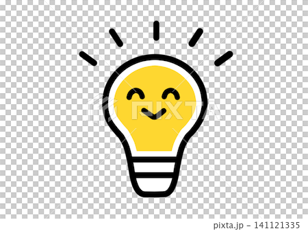 Simple, lightbulb illustration, line drawing, yellow, smiling. 141121335