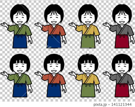 [色違い]「こちらへ」と作務衣に前掛けの女性のアイコン 141121344