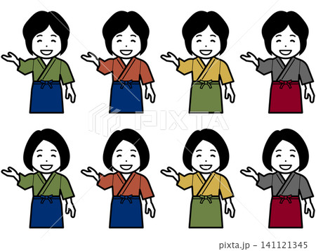 [髪型違い] [色違い]「こちらへ」と作務衣に前掛けの女性のアイコン 141121345