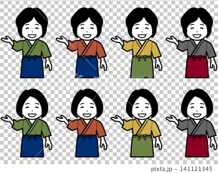 【不同髮型】【不同顏色】穿著三衣(日本傳統工作服)和圍裙的女性圖標,上面寫著「這邊請」。 【不同髮型】【不同顏色】穿著三衣(日本傳統工作服)和圍裙的女性圖標,上面寫著「這邊請」。 141121345