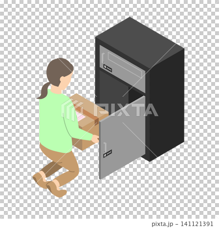 A woman receiving a package from a delivery box - isometric view 141121391