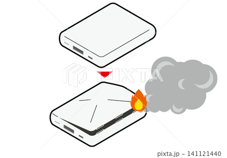 異常なしのモバイルバッテリーと火と煙が出ている比較イラスト(主線あり) 異常なしのモバイルバッテリーと火と煙が出ている比較イラスト(主線あり) 141121440