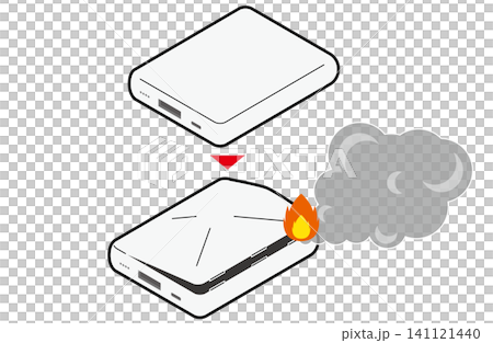 異常なしのモバイルバッテリーと火と煙が出ている比較イラスト(主線あり) 異常なしのモバイルバッテリーと火と煙が出ている比較イラスト(主線あり) 141121440