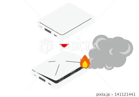 異常なしのモバイルバッテリーと火と煙が出ている比較イラスト(主線なし) 異常なしのモバイルバッテリーと火と煙が出ている比較イラスト(主線なし) 141121441