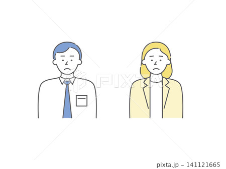 喜怒哀楽の「哀」の表情をしているビジネスパーソンの男女二人組のイラストセット1(青・黄色) 喜怒哀楽の「哀」の表情をしているビジネスパーソンの男女二人組のイラストセット1(青・黄色) 141121665