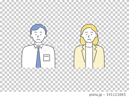 喜怒哀楽の「哀」の表情をしているビジネスパーソンの男女二人組のイラストセット1(青・黄色) 喜怒哀楽の「哀」の表情をしているビジネスパーソンの男女二人組のイラストセット1(青・黄色) 141121665