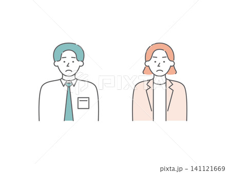 喜怒哀楽の「哀」の表情をしているビジネスパーソンの男女二人組のイラストセット2(ピンク・緑) 喜怒哀楽の「哀」の表情をしているビジネスパーソンの男女二人組のイラストセット2(ピンク・緑) 141121669