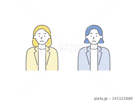 喜怒哀楽の「哀」の表情をしているビジネスパーソンの女性二人組のイラストセット(青・黄色) 喜怒哀楽の「哀」の表情をしているビジネスパーソンの女性二人組のイラストセット(青・黄色) 141121680