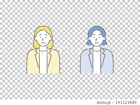 喜怒哀楽の「哀」の表情をしているビジネスパーソンの女性二人組のイラストセット(青・黄色) 喜怒哀楽の「哀」の表情をしているビジネスパーソンの女性二人組のイラストセット(青・黄色) 141121680