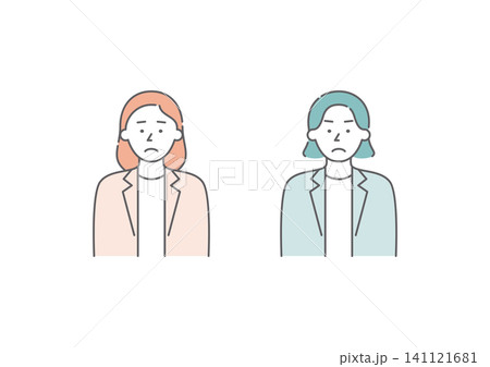 喜怒哀楽の「哀」の表情をしているビジネスパーソンの女性二人組のイラストセット(ピンク・緑) 喜怒哀楽の「哀」の表情をしているビジネスパーソンの女性二人組のイラストセット(ピンク・緑) 141121681