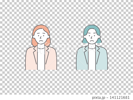 喜怒哀楽の「哀」の表情をしているビジネスパーソンの女性二人組のイラストセット(ピンク・緑) 喜怒哀楽の「哀」の表情をしているビジネスパーソンの女性二人組のイラストセット(ピンク・緑) 141121681