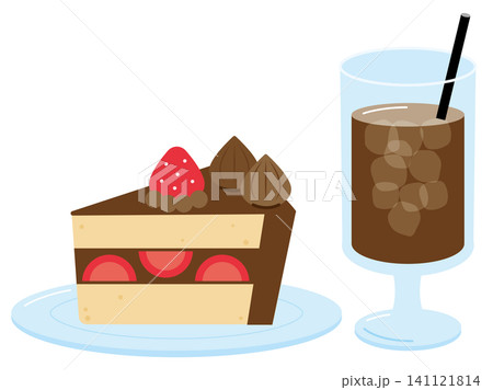 レトロな喫茶店のチョコレートケーキとアイスコーヒーのイラスト レトロな喫茶店のチョコレートケーキとアイスコーヒーのイラスト 141121814