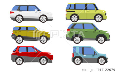 Collection of vector illustration displays a collection of six stylized SUV cars shown in side profile. Each vehicle features a unique color, including white, yellow, green, and red, arranged in a sim 141122079