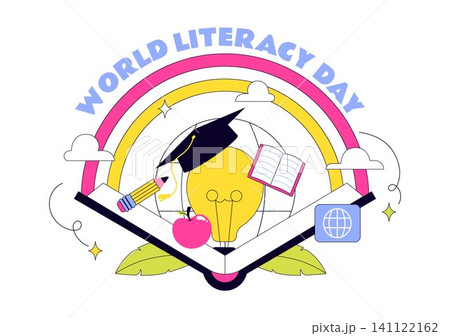 World Literacy Day Vector Illustration Featuring Books, Reading, Education, Knowledge, Learning Resources, and Digital Literacy 141122162
