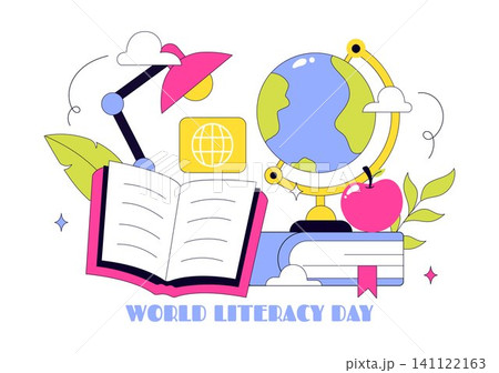 World Literacy Day Vector Illustration Featuring Books, Reading, Education, Knowledge, Learning Resources, and Digital Literacy 141122163