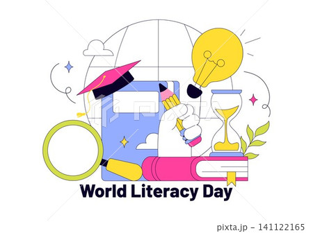 World Literacy Day Vector Illustration Featuring Books, Reading, Education, Knowledge, Learning Resources, and Digital Literacy World Literacy Day Vector Illustration Featuring Books, Reading, Education, Knowledge, Learning Resources, and Digital Literacy 141122165
