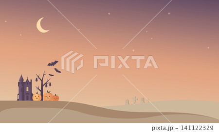 Minimalist graveyard landscape at sunset with silhouette haunted mansion, pumpkins, bats and dead tree have blank space. 141122329