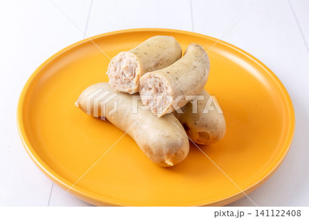 thuringian Style Sausages on Yellow Plate, German-Inspired Cuisine 141122408