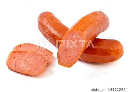 sliced Harbin Style Smoked Red Sausages Isolated on White Background sliced Harbin Style Smoked Red Sausages Isolated on White Background 141122424