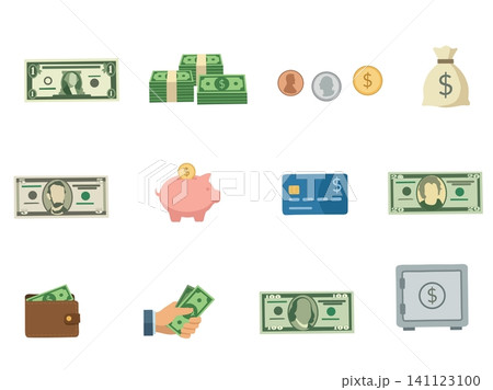 Financial and banking icon set isolated on white background. Collection of money, cash, banknotes, coins, wallet, credit card, piggy bank, safe vault and finance symbols in flat style vector illustrat 141123100