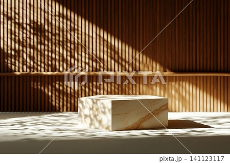 Luxurious stonemarble pedestal basks in foliage gobo sunlight. Wooden rod backdrop adds depth and elegance. Ideal for premium product showcases and sophisticated designs. 141123117