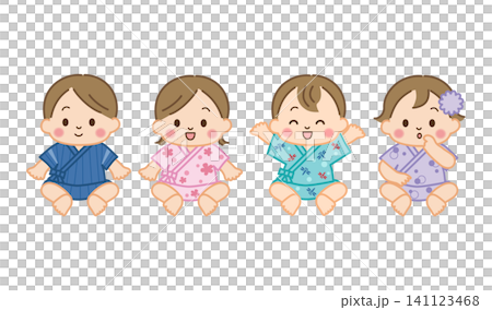 A set of illustrations of a baby boy and girl wearing jinbei (traditional Japanese summer clothing). A set of illustrations of a baby boy and girl wearing jinbei (traditional Japanese summer clothing). 141123468