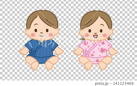 插圖描繪了穿著甚平(日本傳統夏季服裝)的男嬰和女嬰。 插圖描繪了穿著甚平(日本傳統夏季服裝)的男嬰和女嬰。 141123469
