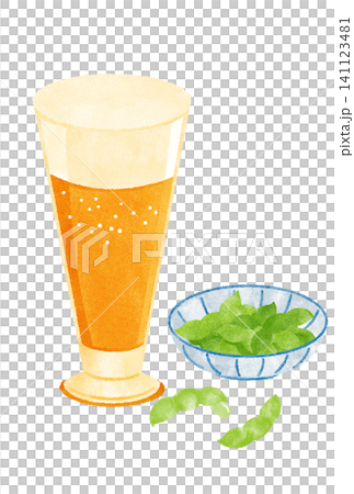 グラスビールと枝豆の水彩イラスト 141123481