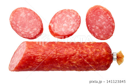 Salami sausage and slices cut out on a white background. Top view Salami sausage and slices cut out on a white background. Top view 141123845
