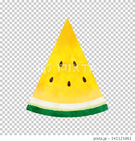 手繪水彩風格插圖，描繪了一個切開的黃色西瓜。 141123861