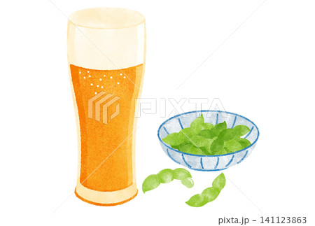 グラスビールと枝豆の水彩イラスト グラスビールと枝豆の水彩イラスト 141123863