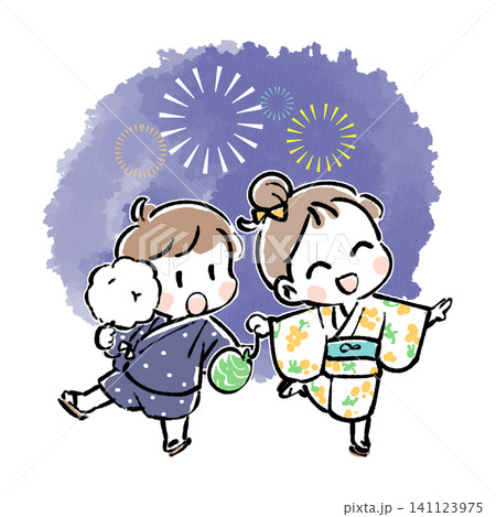 浴衣甚平を着て花火を見にいく子ども 141123975