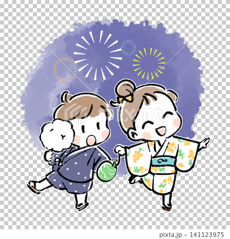 Children wearing yukata or jinbei go to watch fireworks. Children wearing yukata or jinbei go to watch fireworks. 141123975