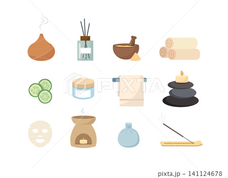 Spa and Wellness Icon Set with Aromatherapy and Beauty Products Collection 141124678