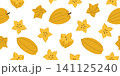 Seamless pattern whole carambola and star shaped pieces. Repeating pattern of yellow starfruit. Seamless background with exotic tropical fruit carambola 141125240
