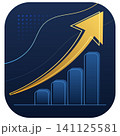 Golden upward arrow above blue bar chart on dark rounded square background representing business growth, financial success, revenue increase and economic progress transparent background illustration 141125581