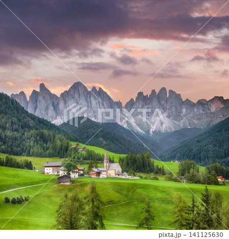 Gorgeous scene of magnificent Santa Maddalena village in Dolomites. 141125630