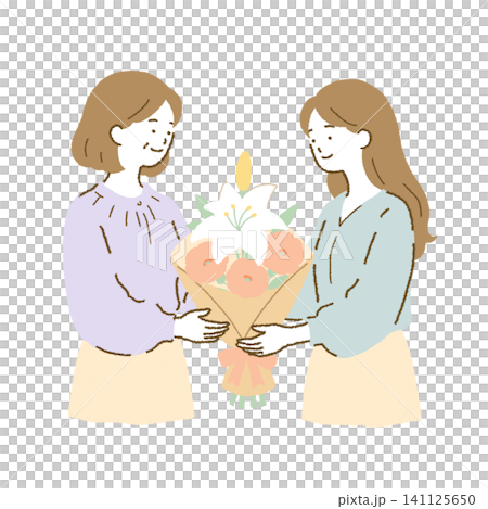 Two women presenting a bouquet of flowers: Illustration of people celebrating, saying goodbye, or expressing gratitude. Two women presenting a bouquet of flowers: Illustration of people celebrating, saying goodbye, or expressing gratitude. 141125650