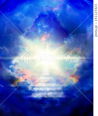天国へ続く雲の階段とオーロラ色の空と降り注ぐ太陽光のスピリチュアルな背景画 天国へ続く雲の階段とオーロラ色の空と降り注ぐ太陽光のスピリチュアルな背景画 141125923