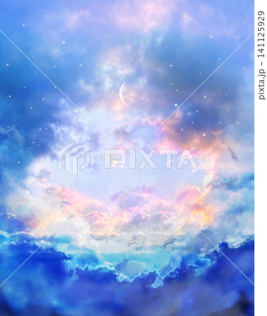 天国へ続く雲の階段とオーロラ色の空と降り注ぐ月光のスピリチュアルな背景画 天国へ続く雲の階段とオーロラ色の空と降り注ぐ月光のスピリチュアルな背景画 141125929