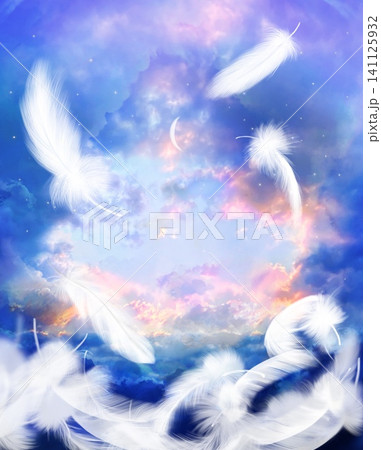 天国へ続く雲の階段とオーロラ色の空と降り注ぐ月光のスピリチュアルな背景画 天国へ続く雲の階段とオーロラ色の空と降り注ぐ月光のスピリチュアルな背景画 141125932