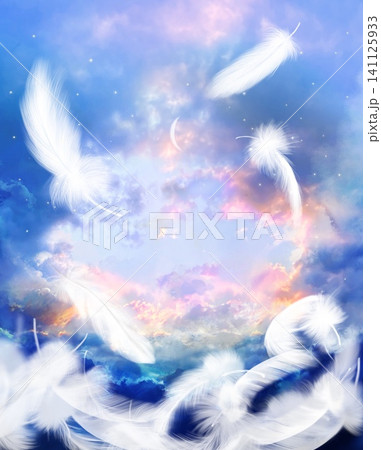 天国へ続く雲の階段とオーロラ色の空と降り注ぐ月光のスピリチュアルな背景画 天国へ続く雲の階段とオーロラ色の空と降り注ぐ月光のスピリチュアルな背景画 141125933