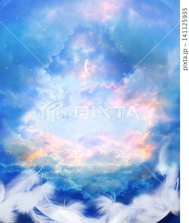 天国へ続く雲の階段とオーロラ色の空と降り注ぐ月光のスピリチュアルな背景画 141125935