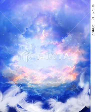 天国へ続く雲の階段とオーロラ色の空と降り注ぐ月光のスピリチュアルな背景画 天国へ続く雲の階段とオーロラ色の空と降り注ぐ月光のスピリチュアルな背景画 141125940