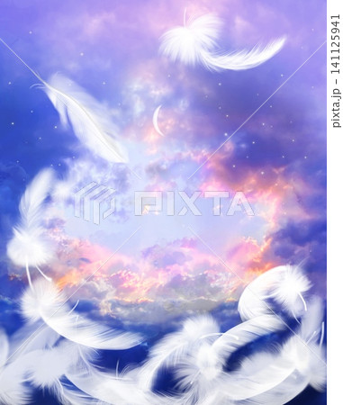 天国へ続く雲の階段とオーロラ色の空と降り注ぐ月光のスピリチュアルな背景画 天国へ続く雲の階段とオーロラ色の空と降り注ぐ月光のスピリチュアルな背景画 141125941
