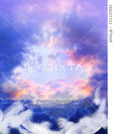 天国へ続く雲の階段とオーロラ色の空と降り注ぐ月光のスピリチュアルな背景画 天国へ続く雲の階段とオーロラ色の空と降り注ぐ月光のスピリチュアルな背景画 141125942