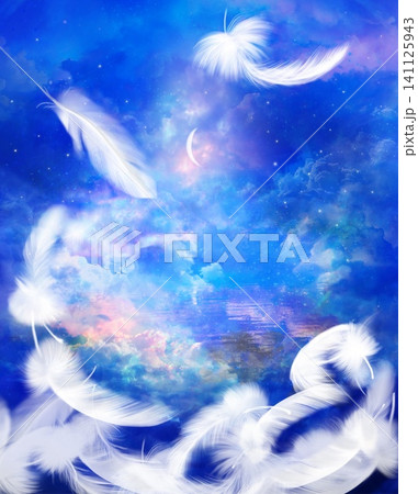 天国へ続く雲の階段とオーロラ色の空と降り注ぐ月光のスピリチュアルな背景画 天国へ続く雲の階段とオーロラ色の空と降り注ぐ月光のスピリチュアルな背景画 141125943