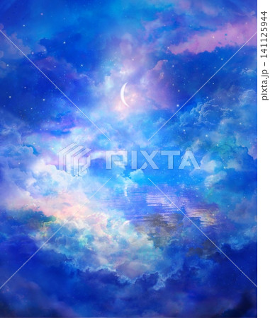 オーロラ色の空と降り注ぐ月光のスピリチュアルな背景画 141125944