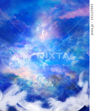 天国へ続く雲の階段とオーロラ色の空と降り注ぐ月光のスピリチュアルな背景画 天国へ続く雲の階段とオーロラ色の空と降り注ぐ月光のスピリチュアルな背景画 141125945